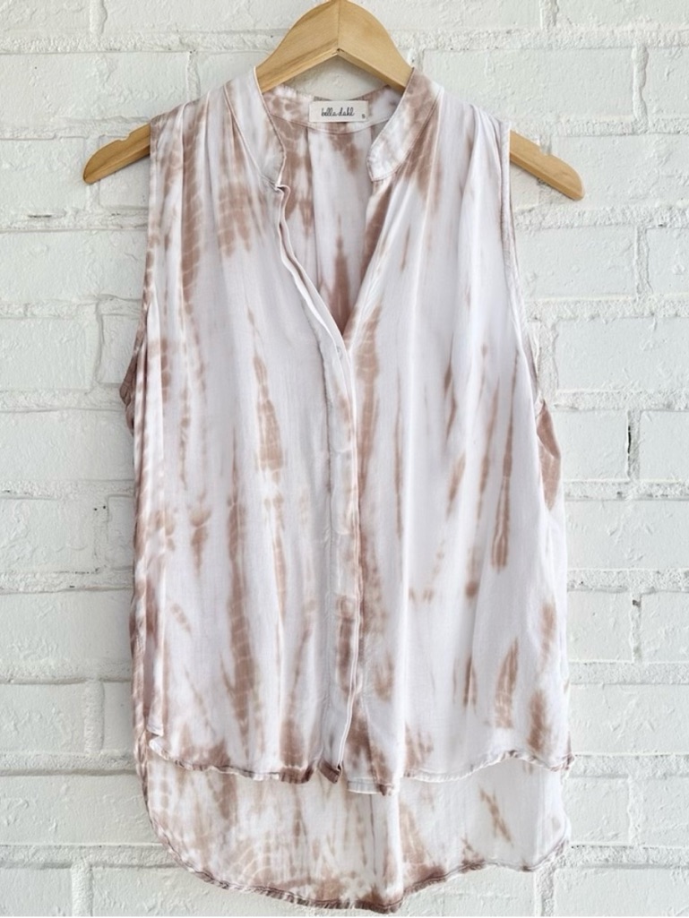 Bella Dahl Sleeveless Cream/Brown Tie-Dye Button Down Hi-Low Blouse Top, Xs